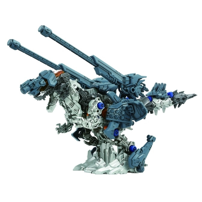  Gray dinosaur robot toy with cannons on its back and multiple heads.