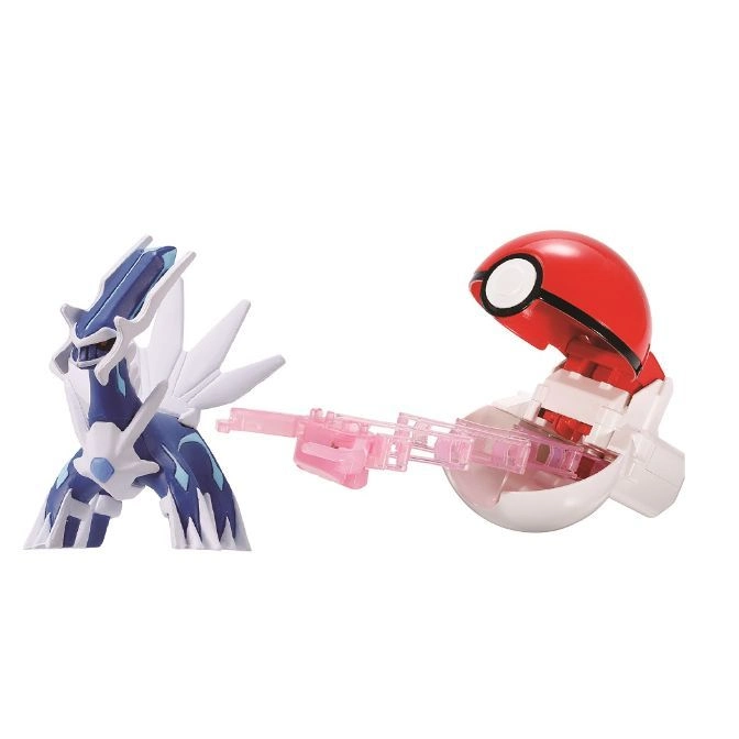 Dialga toy figure being captured by a red and white Poké Ball launcher with a pink projectile.