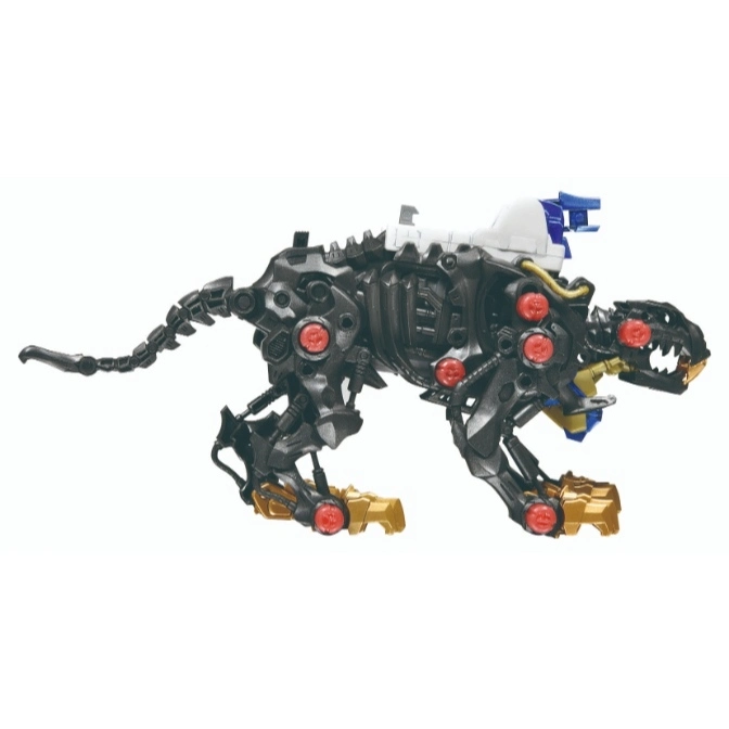  Black robotic wolf toy with red accents and gold feet, white and blue saddle.