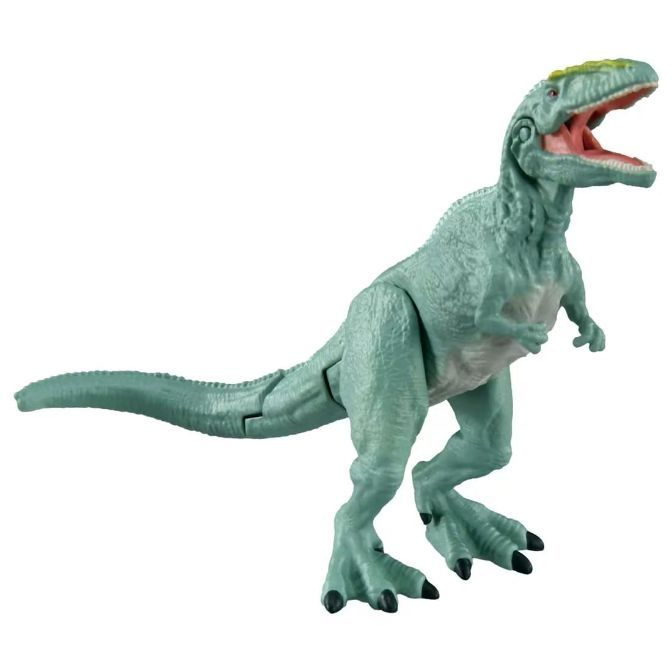  Blue dinosaur toy with open mouth and green crest standing on two legs.