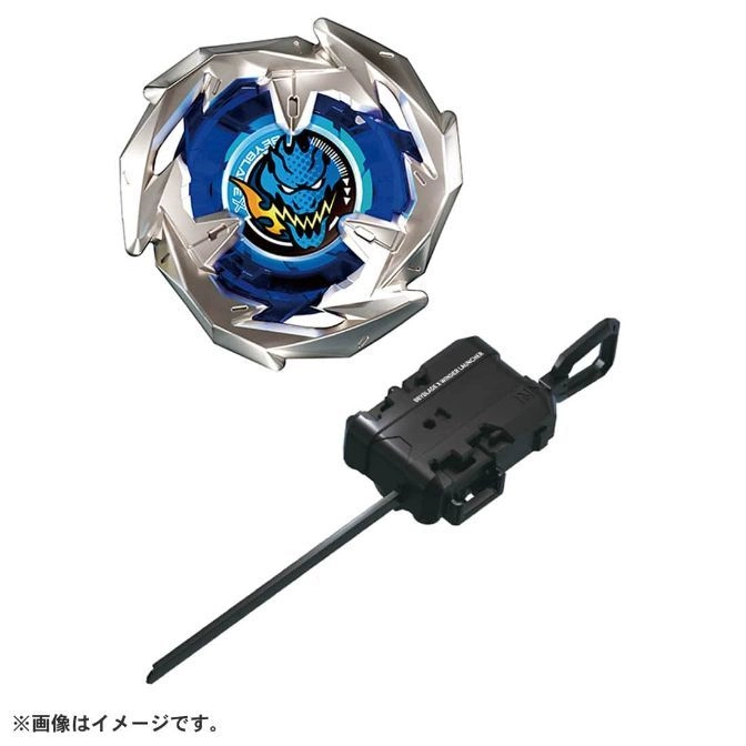  Beyblade Burst sparking launcher set. Silver and blue spinning top with black launcher.