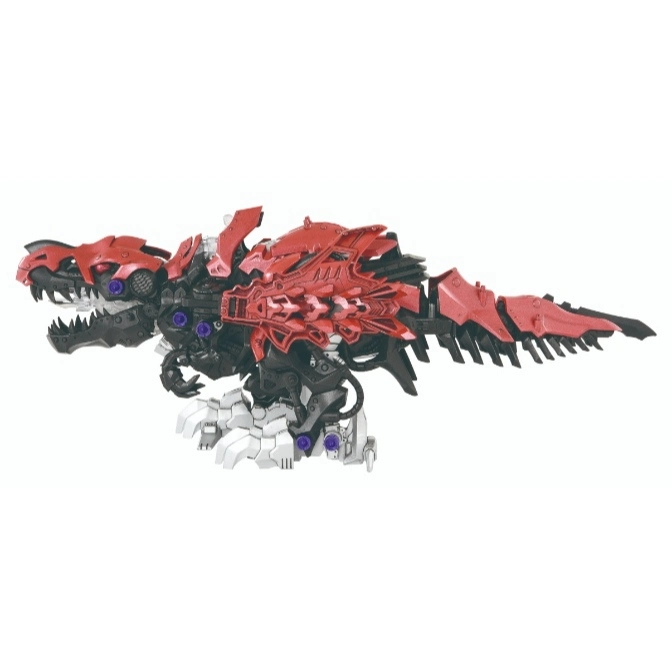 Red and black Zoids toy dinosaur with white teeth and purple accents.