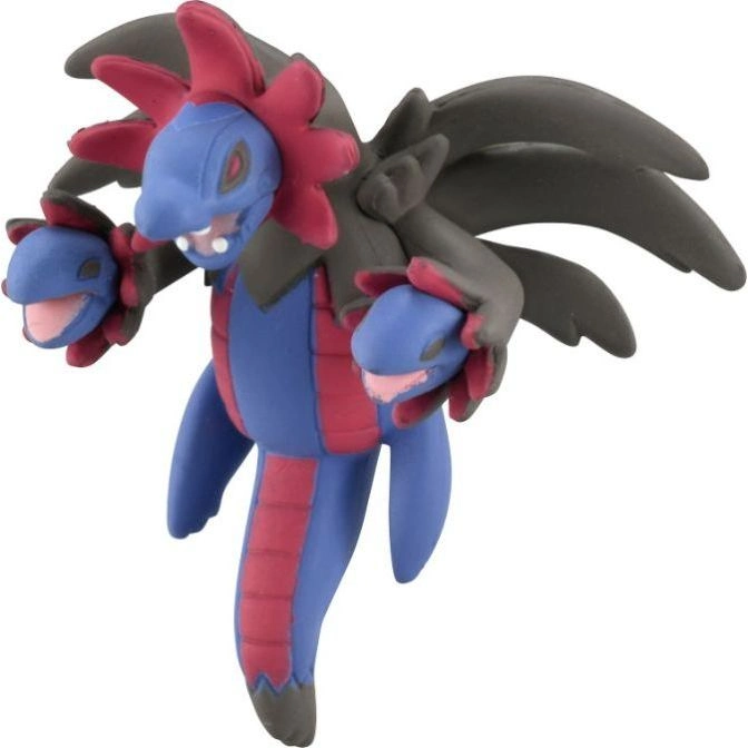 Hydreigon toy figure with three heads, blue and red body, and black wings.