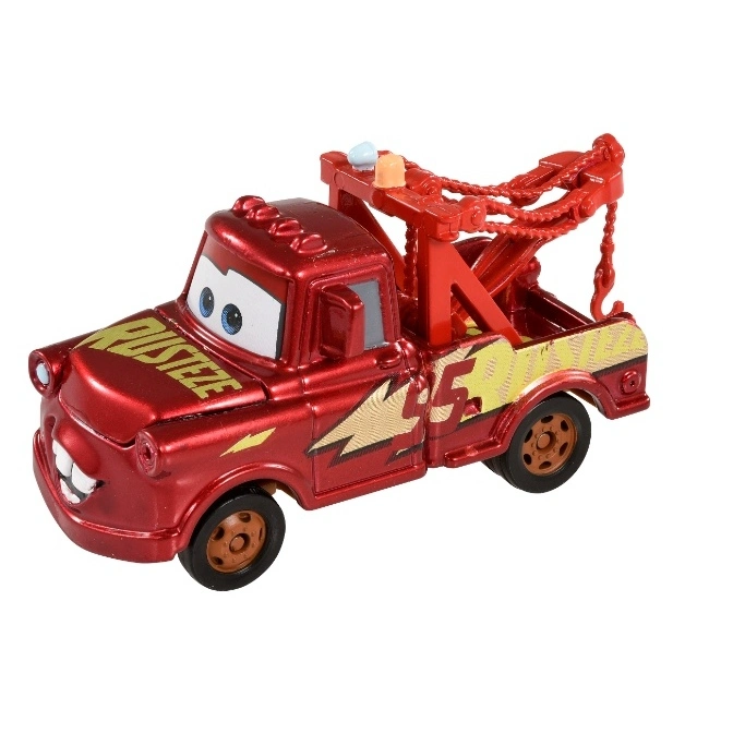 Red toy tow truck Mater from Cars with Rust-Eze logo and tow hook.