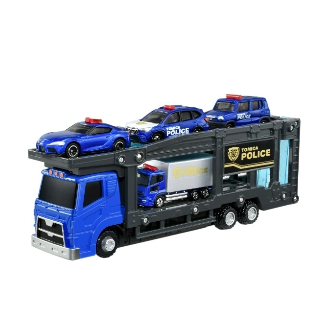 Tomica Police carrier truck with police cars. A blue truck carrying police vehicles on multiple levels.