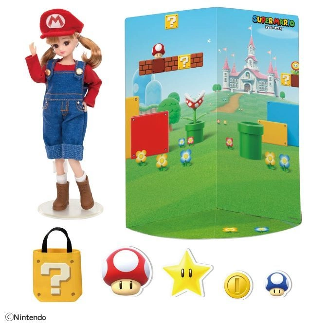  Mario doll with playset, accessories: mushroom, star, coin, and question block bag.