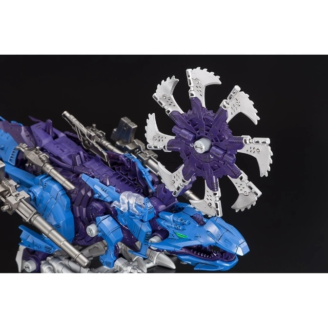  Blue and purple Zoid toy with a large rotating saw blade attachment.