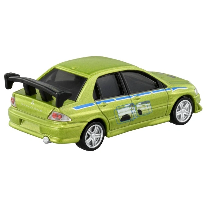  Lime green toy Mitsubishi Evo with black spoiler and blue stripes.