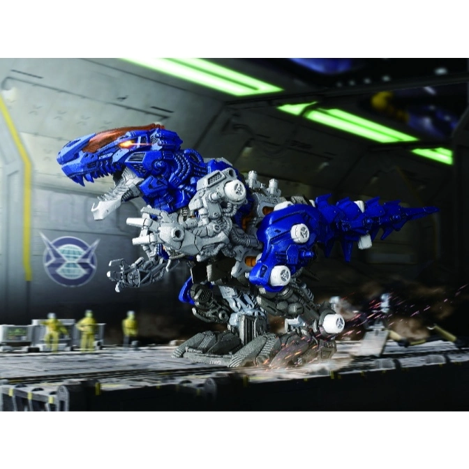  Blue and silver robotic dinosaur toy with orange accents, posed in a futuristic setting.