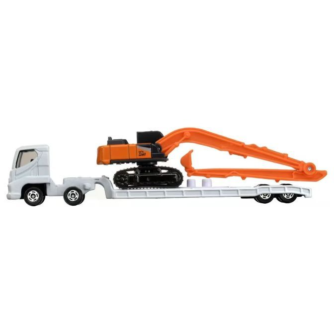  Toy truck carrying an orange excavator. The truck is white and the trailer is gray.