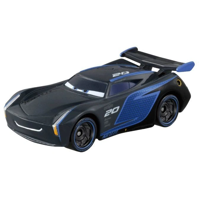 Black toy race car with blue accents and spoiler, number 20.