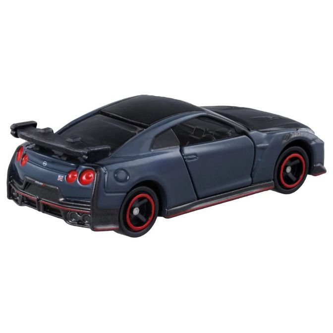  Blue Nissan GT-R Nismo toy car with black roof and red-rimmed wheels.