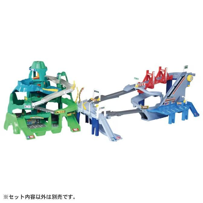  Toy car playset with a mountain, ramps, and a launcher for racing toy cars.