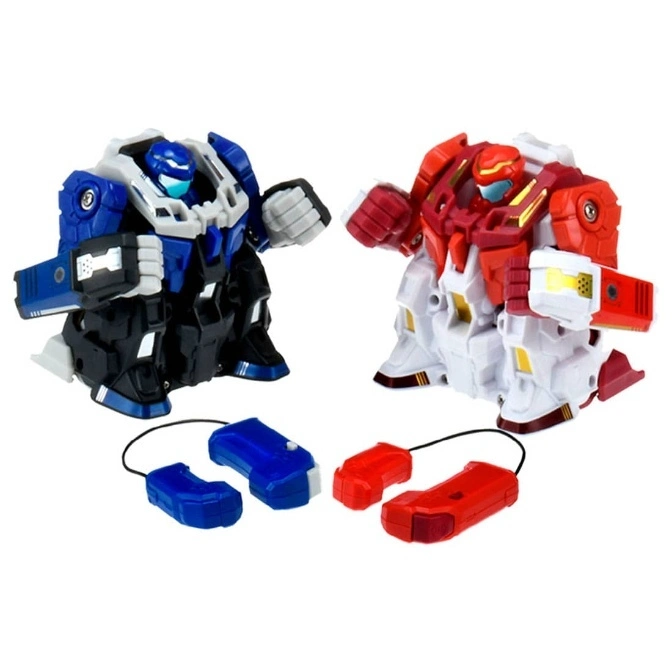 Two transforming robot toys, one blue and one red, with controllers.