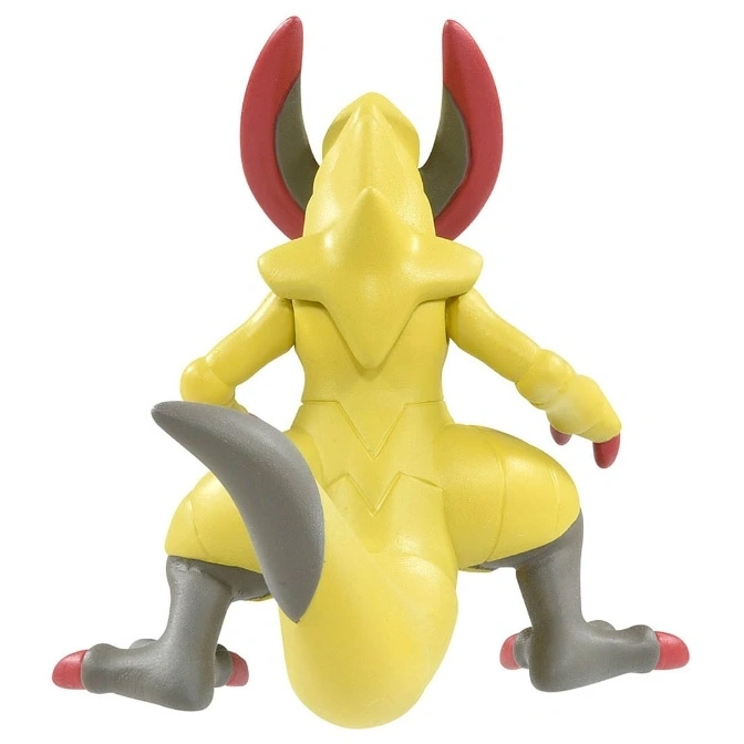  Yellow Scizor toy figure with grey legs and red accents, viewed from the back.