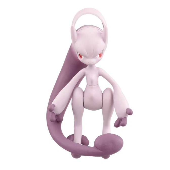  Mewtwo action figure with a long tail and red eyes.