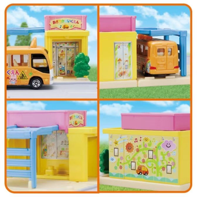  Toy school playset with bus, featuring colorful buildings and playful designs.