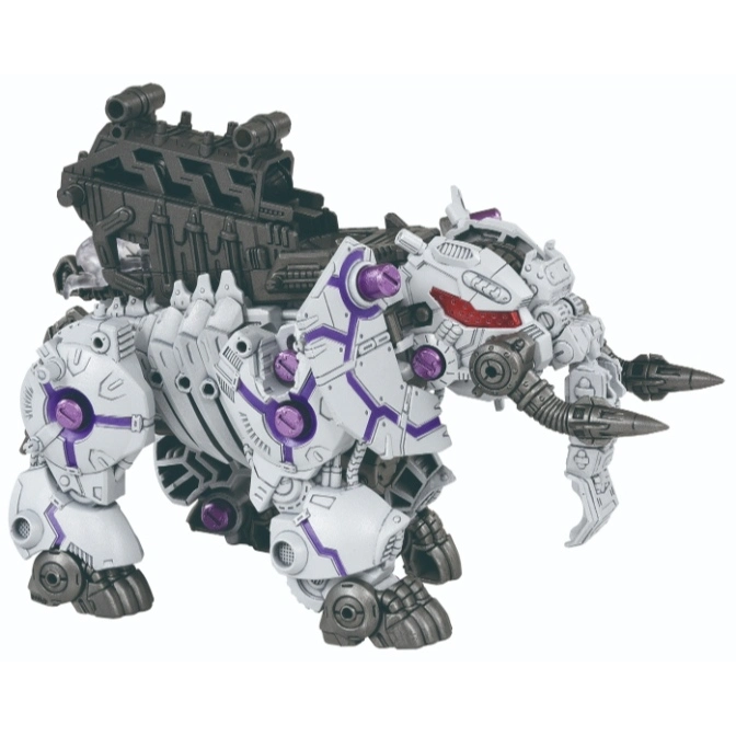 White robotic elephant toy with purple accents and a dark gray cannon on its back.