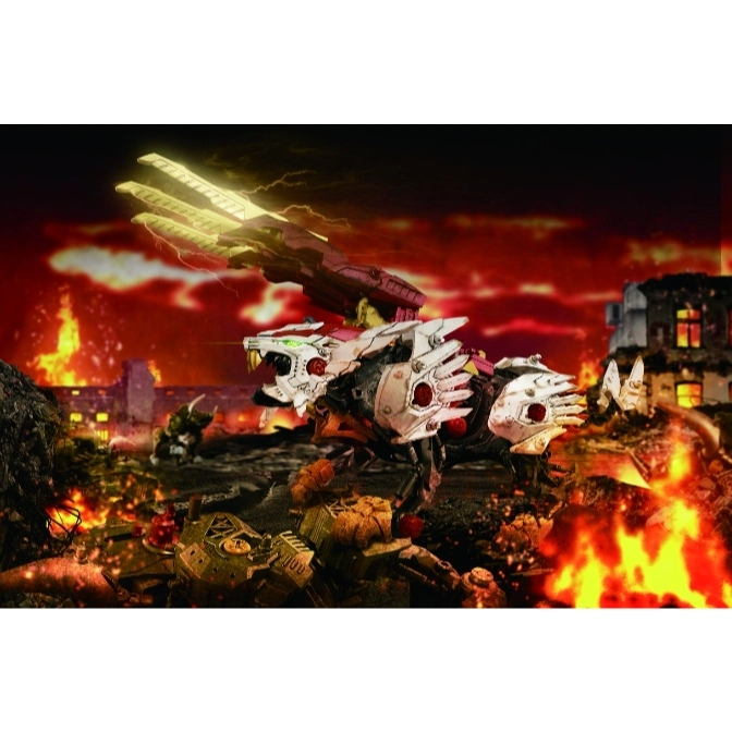  White Zoid toy with a cannon on its back stands amidst a fiery, destroyed cityscape.