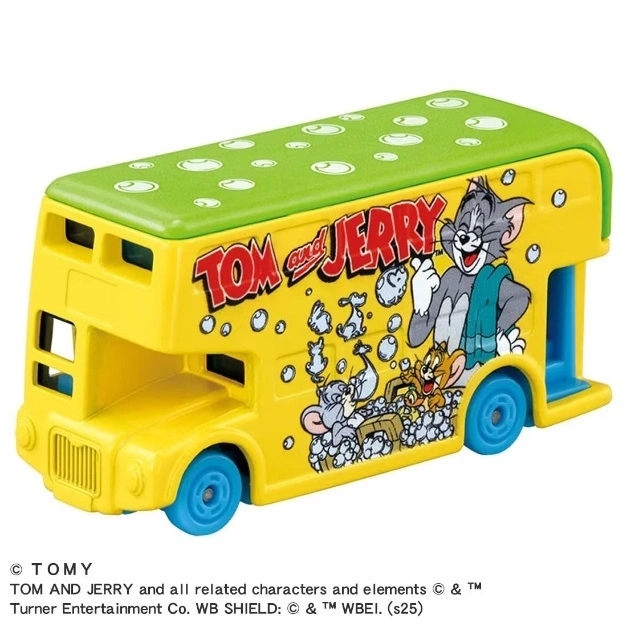 Tom and Jerry double-decker toy bus, yellow with green roof, featuring cartoon characters and bubble graphics.