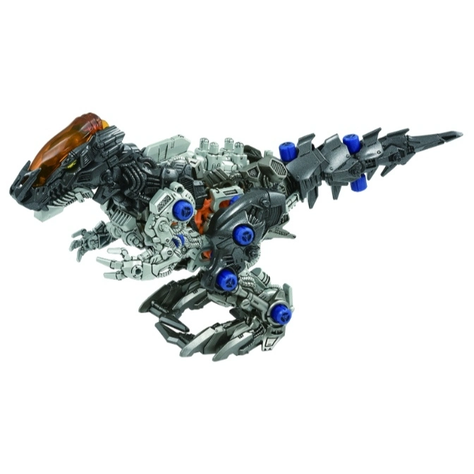  Dinosaur robot toy with gray and black armor, blue accents, and an orange head shield.