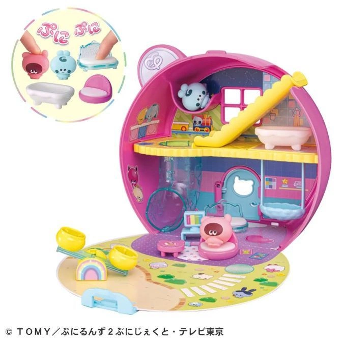 Pink Puni Puni Zoo house playset with figures, furniture, and accessories. Open to reveal interior rooms and outdoor play area.