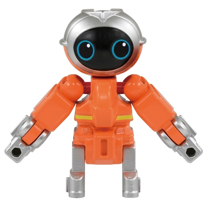  Orange robot toy with silver head, arms, and legs.