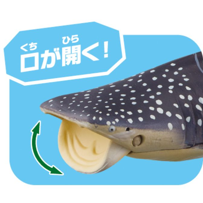  Whale shark toy with opening mouth feature, indicated by a green arrow.