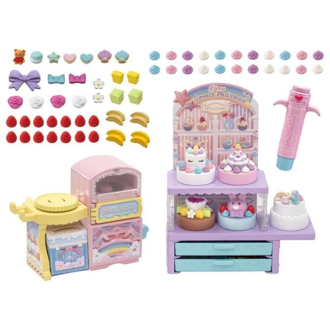  Toy bakery set with cakes, toppings, oven, display case, and decorating tool.