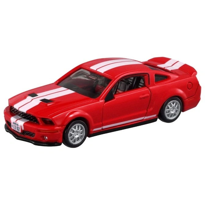 Red toy Mustang with white racing stripes.
