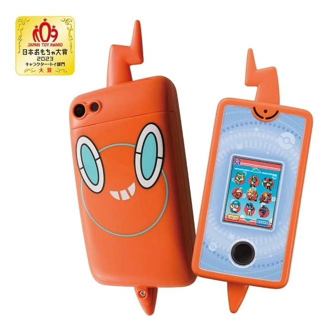 Rotom Phone toy with screen showing Pokémon icons and Rotom face on the back.
