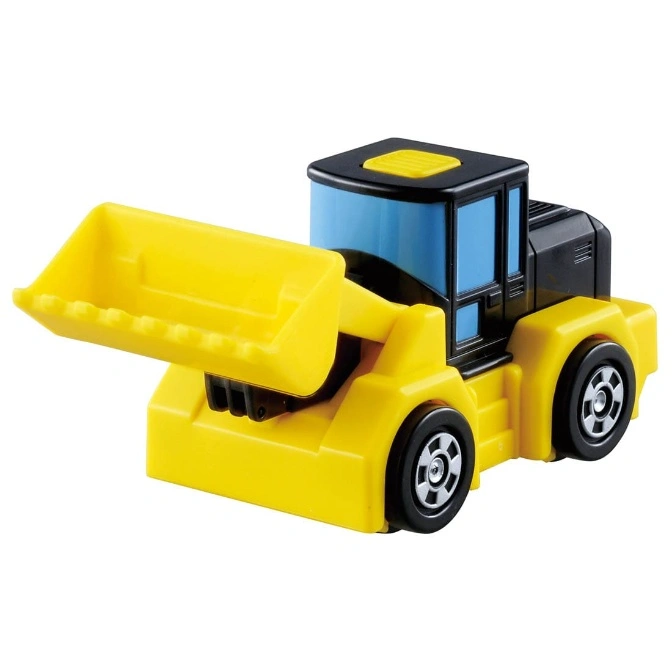  Yellow toy bulldozer with a blue cab and black accents.