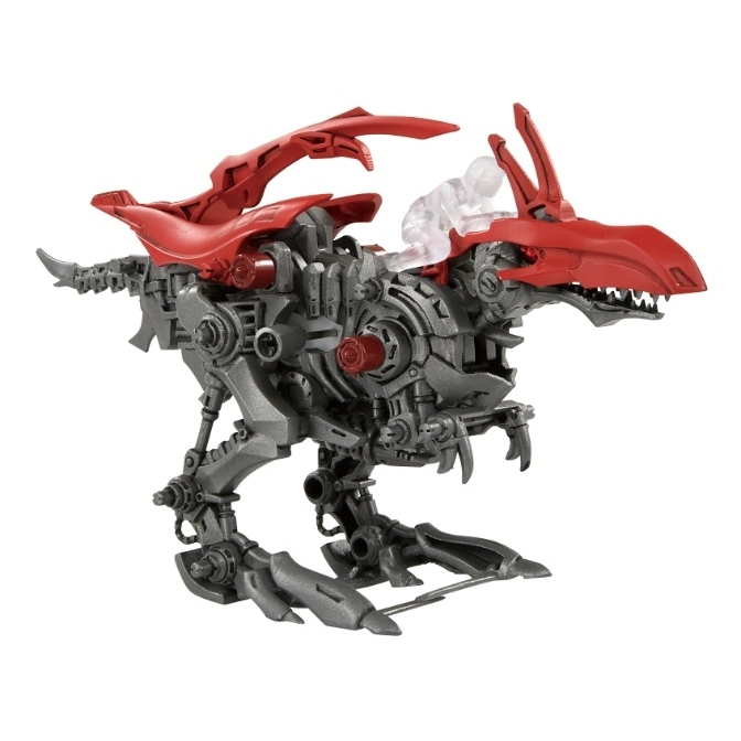  Gray mechanical dinosaur toy with red armor and a translucent rider figure.