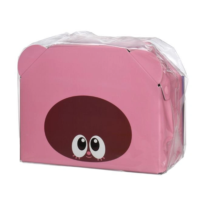  Pink bear-shaped lunchbox in plastic wrap with a cartoon face.