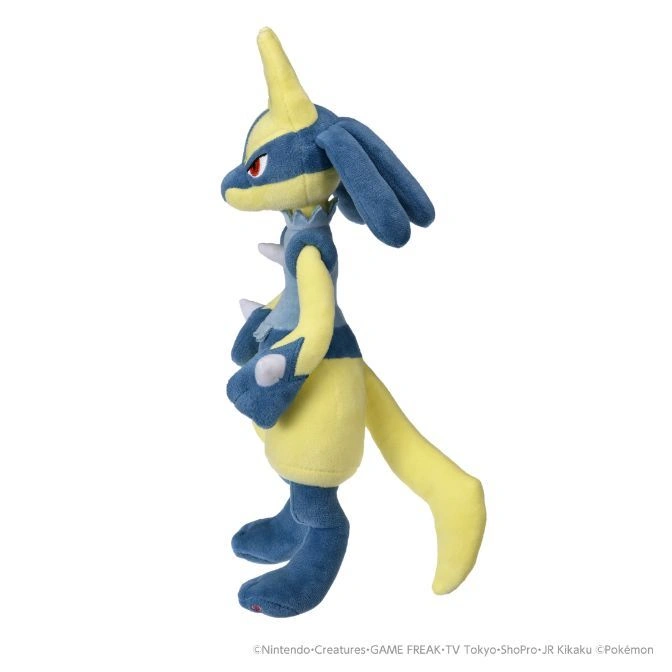  Lucario plush toy, blue and yellow, standing in profile.