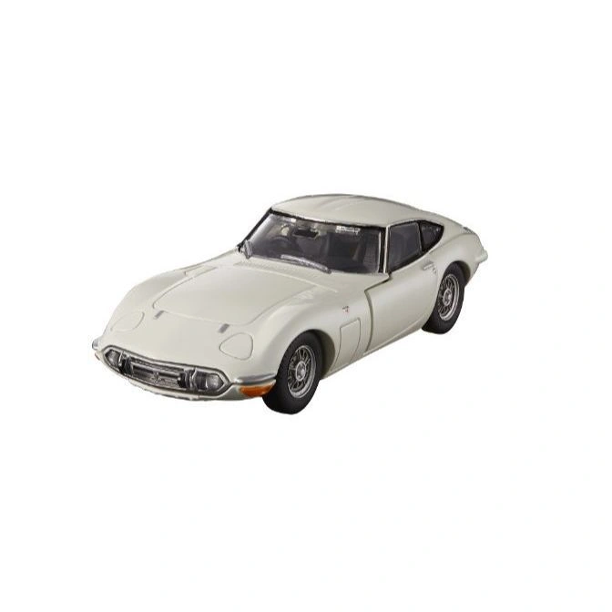 White Toyota 2000GT toy car with silver trim and detailed wheels.