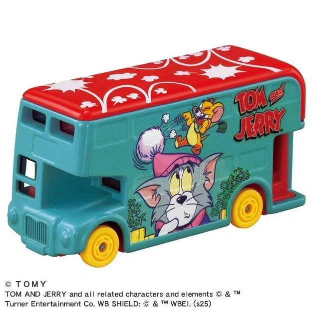 Tom and Jerry double-decker toy bus with cartoon graphics and yellow wheels.
