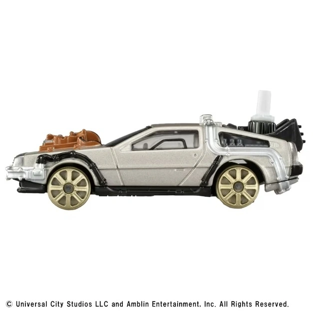  Toy DeLorean time machine with gold wheels and visible time travel components.