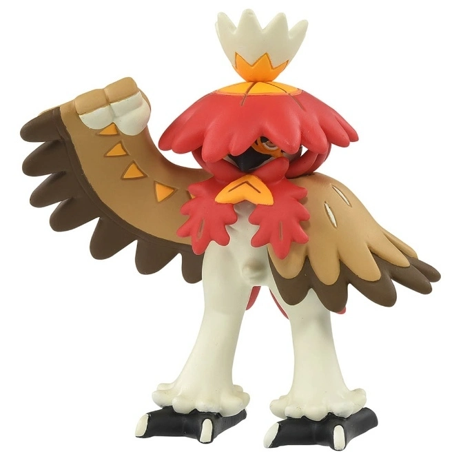 Decidueye Pokémon figure with brown wings, red head feathers, and cream-colored legs.