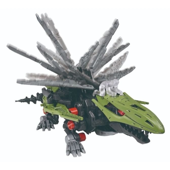Green and black Zoids toy with rotating gray blades on its back and a clear figure on its head.