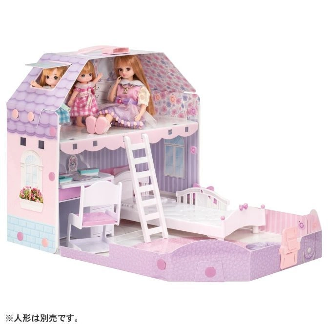  Dollhouse with dolls, featuring a bedroom, desk, and ladder to the upper level.