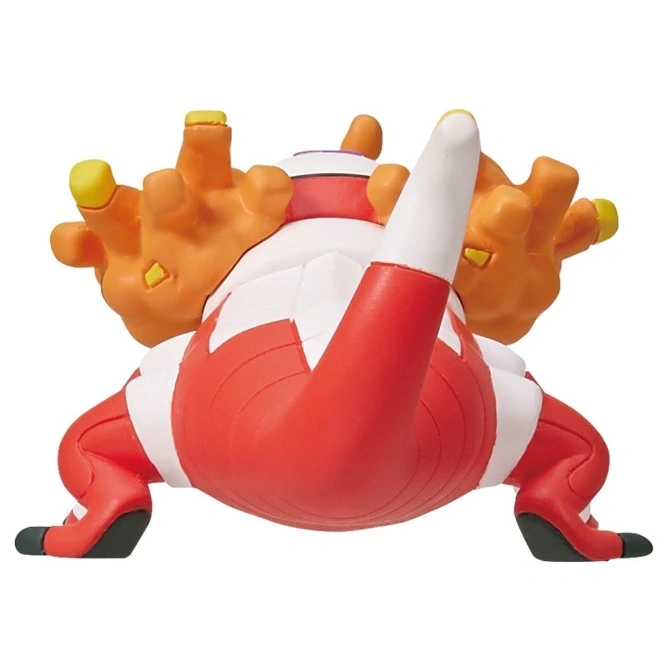  Rear view of a Darmanitan toy with red and white stripes, orange hands, and a white tail.