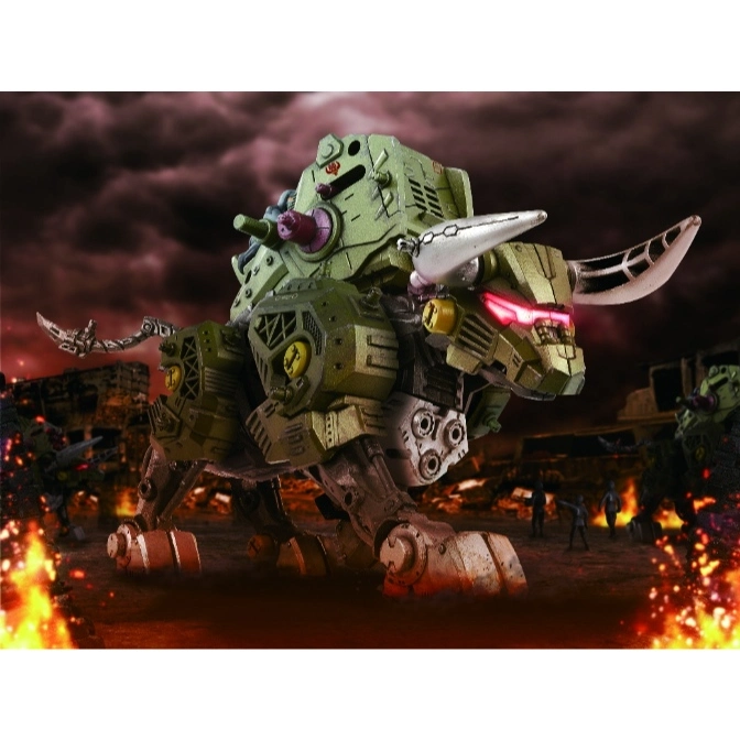  Green mechanical bull toy with silver horns and red eyes, standing in a fiery battle scene.