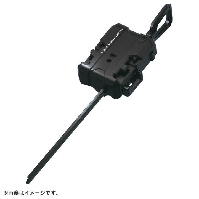 Black Beyblade X winder launcher with handle and ripcord, ready for launching.