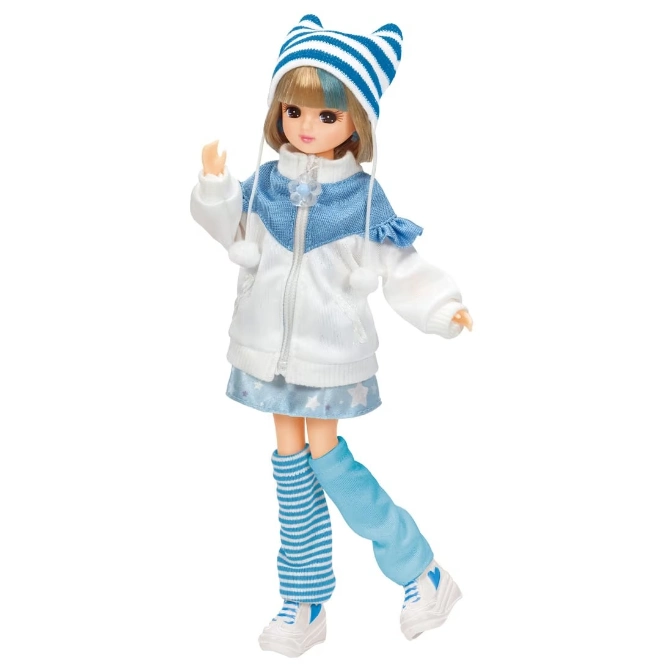  Doll with blue striped hat, white jacket, blue skirt, and striped leg warmers waving.