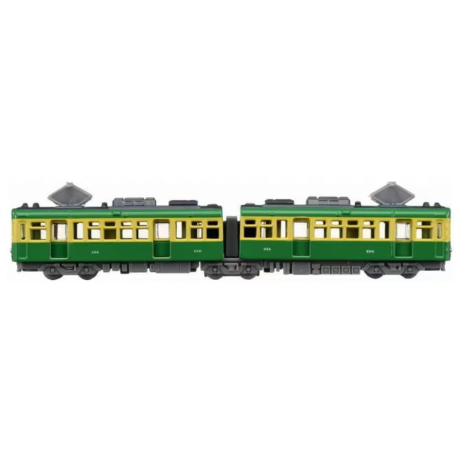  Green and yellow toy train with pantographs on a white background.