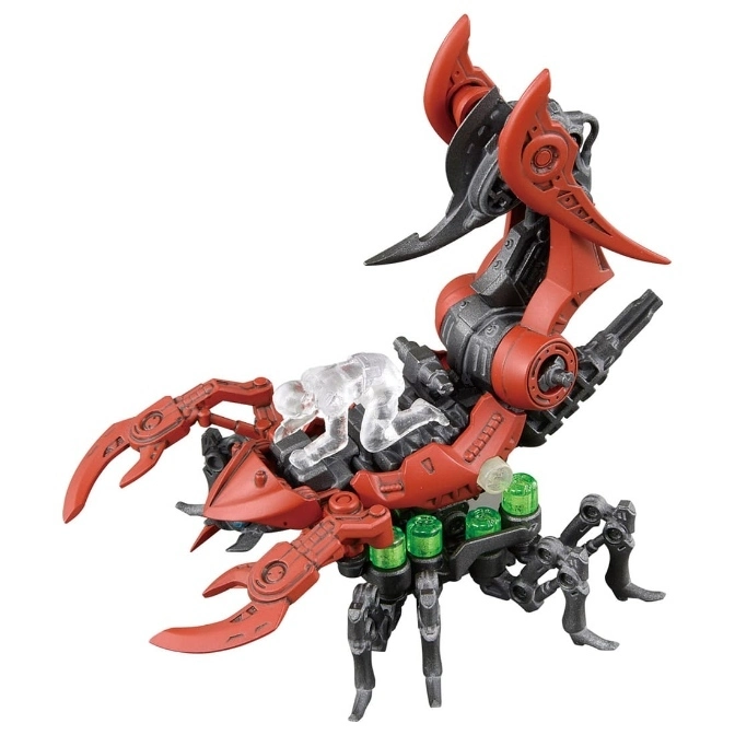 Red and black scorpion robot toy with clear figures on top.