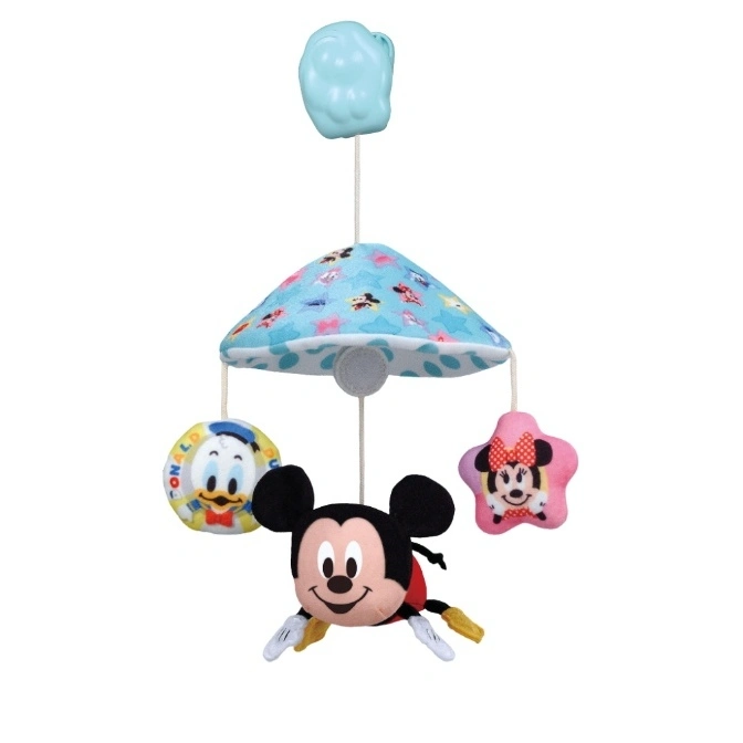 Disney baby mobile with Mickey, Minnie, and Donald plush toys hanging from a patterned canopy.