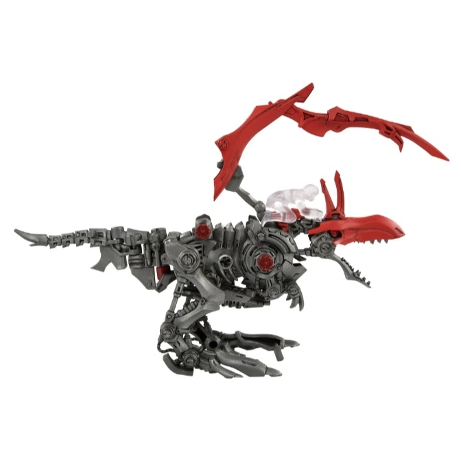  Grey mechanical dinosaur toy with red accents and wings.