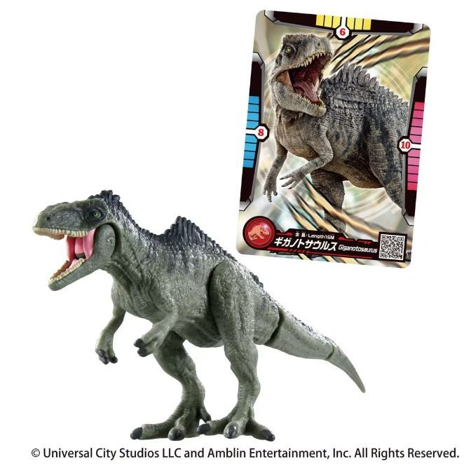 Giganotosaurus toy with card. Dinosaur is gray with open mouth.